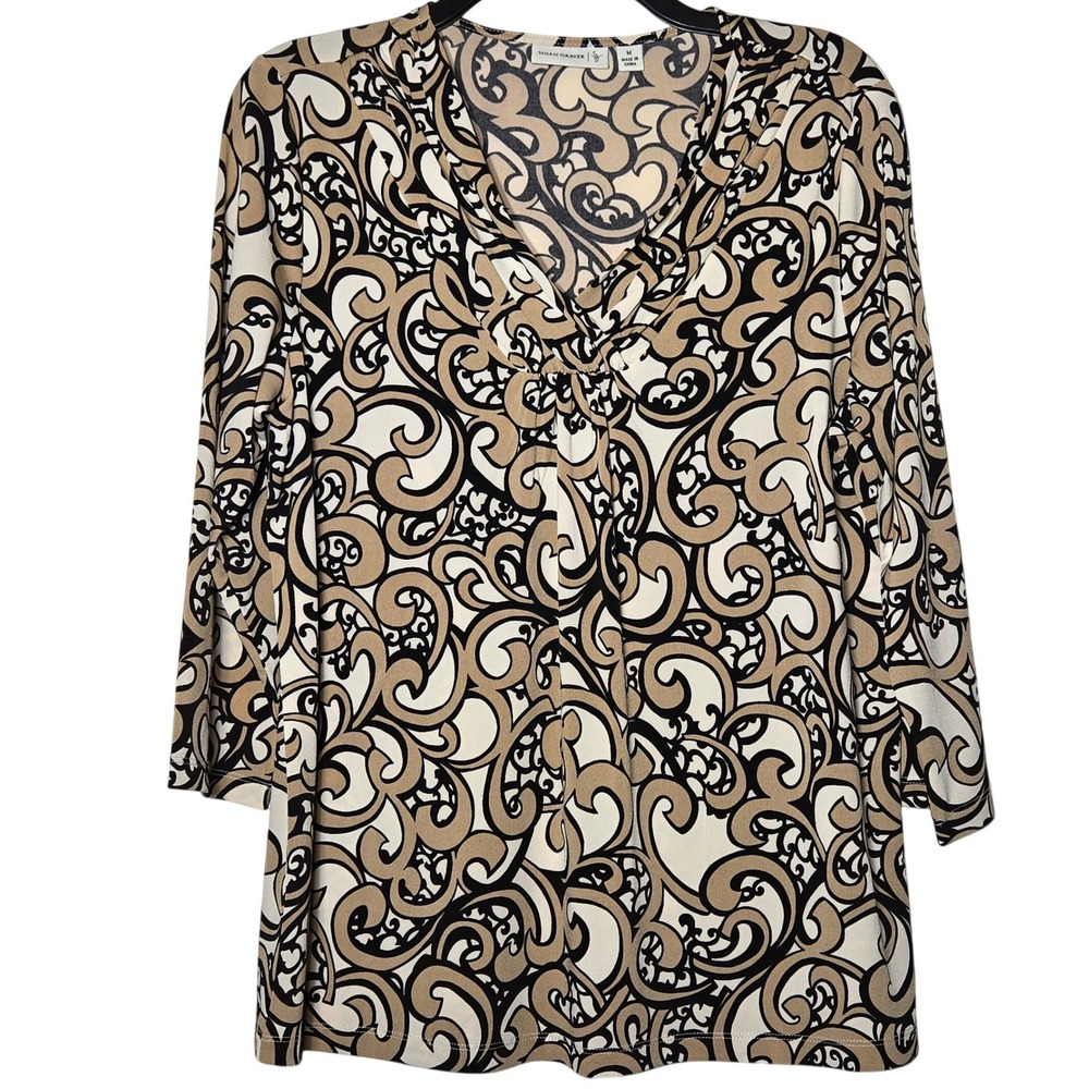 Susan Graver Liquid Knit V-Neck Top Medium Career Stretch Office Boho Mod Art